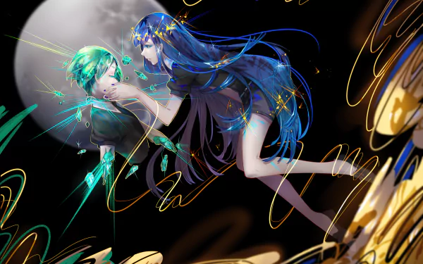 HD anime desktop wallpaper featuring Phosphophyllite and Lapis Lazuli from Land of the Lustrous, showcasing dynamic poses against a dark, celestial background.
