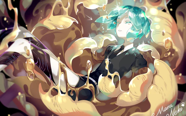 HD anime desktop wallpaper featuring Phosphophyllite from Land of the Lustrous surrounded by flowing golden liquid in a dynamic and vibrant style.