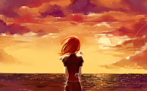 HD anime desktop wallpaper featuring Cinnabar from Land of the Lustrous standing by the ocean under a vibrant orange sunset sky.