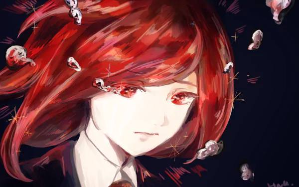 HD PC desktop wallpaper featuring Cinnabar from the anime Land of the Lustrous, showcasing vibrant red hair and a contemplative expression against a dark background.