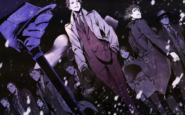 Anime Joker Game: moody 4K Ultra HD PC desktop wallpaper of sharply dressed spies in trench coats and umbrellas, standing in falling snow under a dark sky.