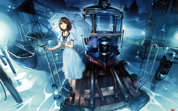 Anime-style HD desktop wallpaper featuring a short-haired girl with black hair and glasses holding an umbrella, standing near a tram and a boat in a moody, blue-toned setting.