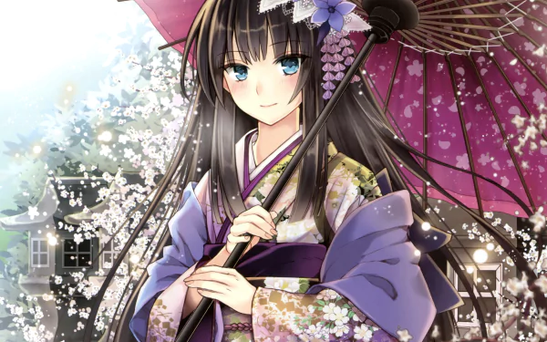 Anime original HD PC desktop wallpaper: smiling long black‑haired girl in a floral kimono and headdress, blushing under a parasol amid falling cherry blossoms.