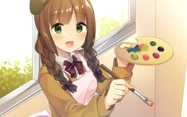 bow (Clothing) green eyes blush beret brown hair apron smile paint braid long hair Anime Original HD Desktop Wallpaper | Background Image