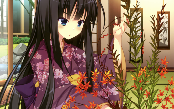 Anime Original Long Hair Black Hair Flower Blush Blue Eyes Kimono HD Wallpaper | Background Image