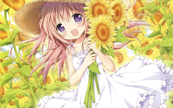 Anime Original Hat Smile Sunflower Long Hair Purple Eyes bow HD Wallpaper | Background Image