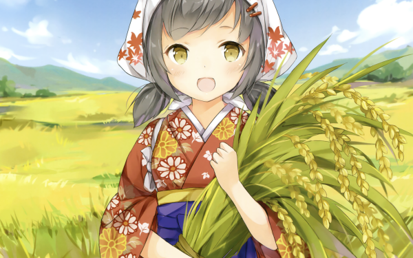 Anime Original Short Hair Black Hair Twintails Yellow Eyes Smile Kimono Corn Blush HD Wallpaper | Background Image