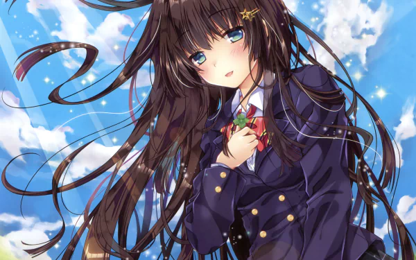 Anime-style girl with long brown hair, green eyes, and a blush smile, wearing a bow and holding a clover against a bright blue sky background.