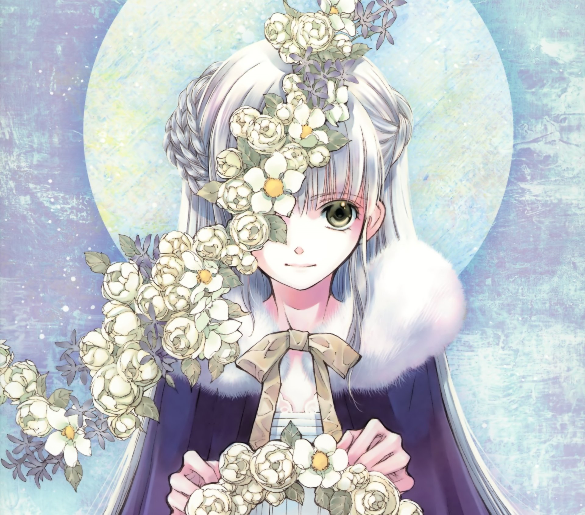 HD PC desktop anime original wallpaper: long white-haired girl with braided hair, yellow eyes, floral wreath and bow, white flowers cascading across her face against a pale blue background.