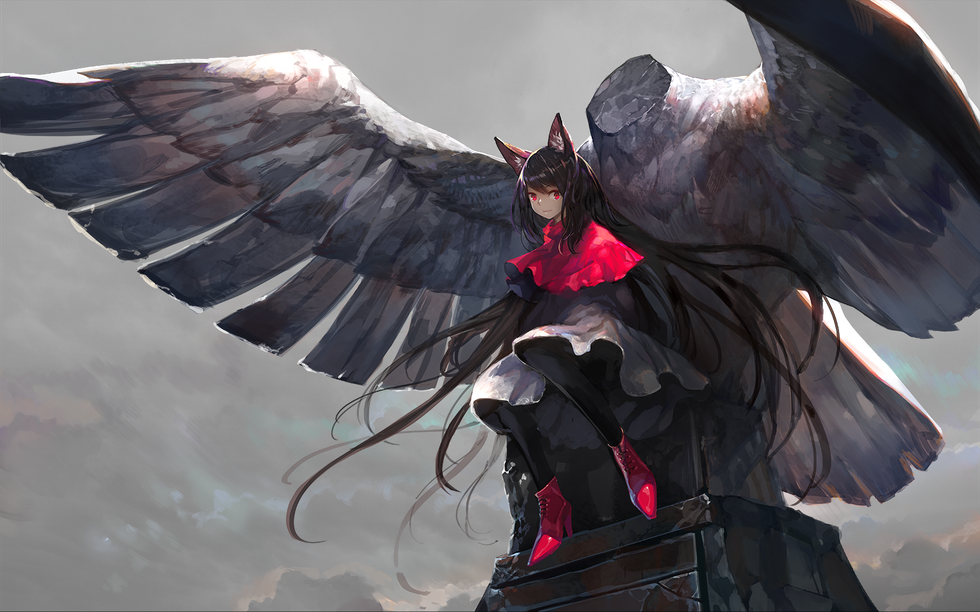 Anime wallpaper featuring Kagerou Imaizumi from Touhou. The character with large wings and dark hair sits atop a stone structure against a cloudy sky backdrop.
