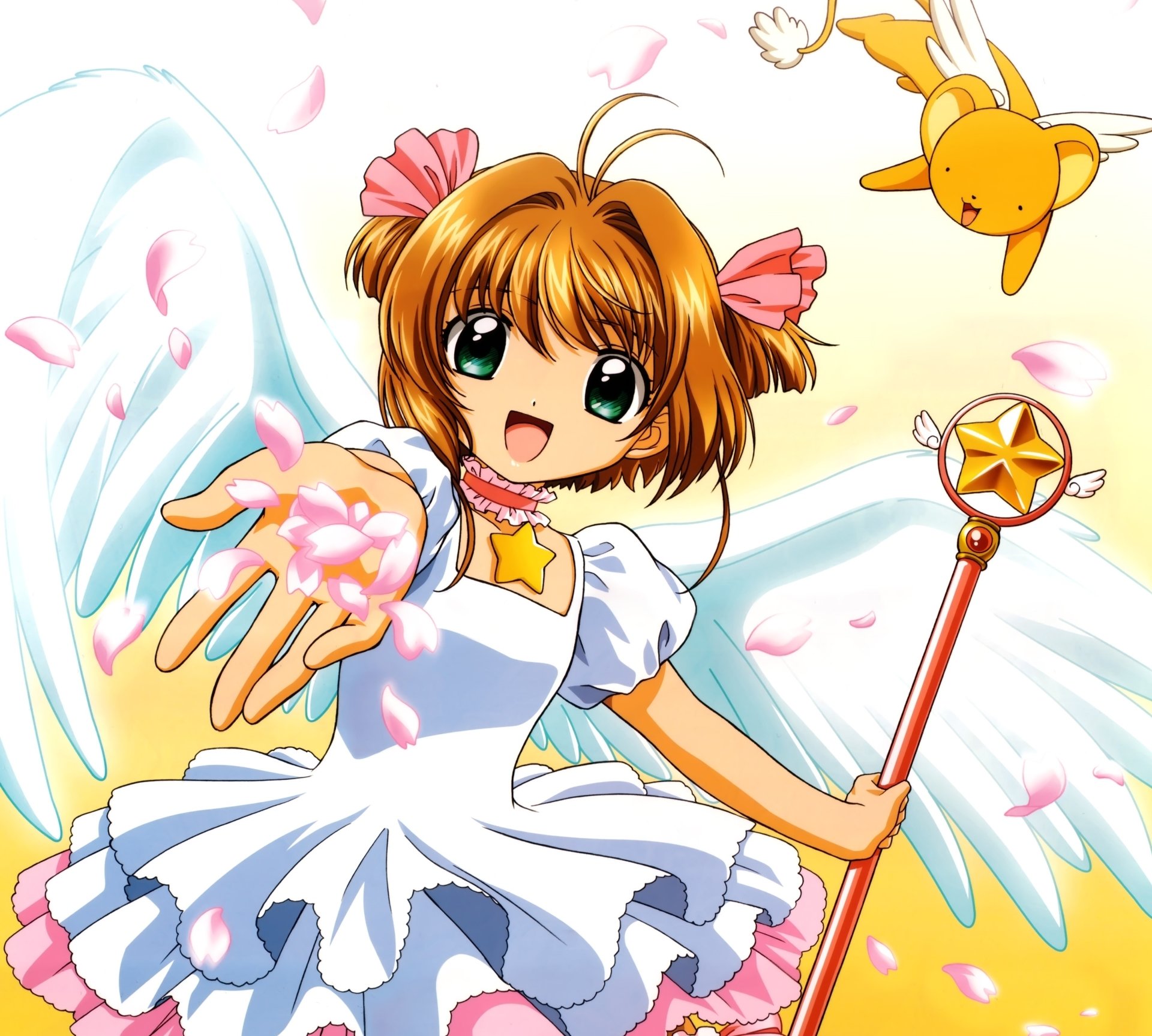 HD PC desktop wallpaper featuring Sakura Kinomoto and Keroberos from the anime Cardcaptor Sakura, with Sakura in a white dress surrounded by pink petals and magic.