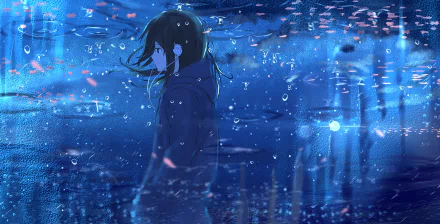 A high-definition anime wallpaper featuring an original artwork with a serene water reflection theme. A person stands in a blue, watery setting, creating a calm and introspective atmosphere.
