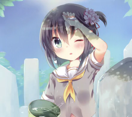 green eyes blush flower wink black hair short hair Anime Original HD Desktop Wallpaper | Background Image