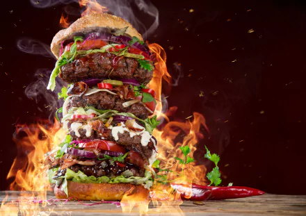 HD desktop wallpaper featuring a colossal, stacked burger with various toppings, engulfed in vibrant flames, creating a dynamic and mouthwatering visual. Tags: flame, food, burger.
