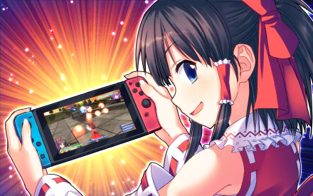 HD PC desktop wallpaper of Touhou's Reimu Hakurei (anime) smiling while holding a Nintendo Switch showing danmaku bullet patterns, against a vibrant starburst background.
