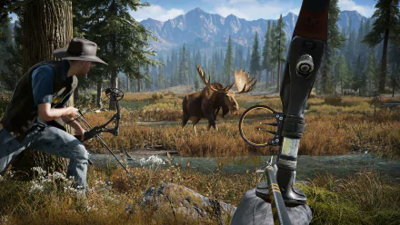 HD desktop wallpaper featuring a Far Cry 5 scene with a character aiming a bow at a moose in a forest landscape.