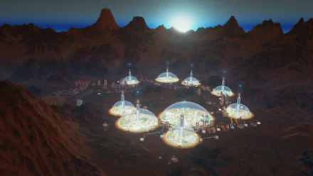 HD desktop wallpaper of Surviving Mars game, showing illuminated domes on Mars' surface against a twilight backdrop.