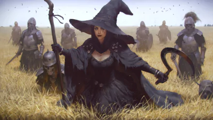 A necromancer in a witch hat stands in a field, dressed in dark armor, surrounded by undead soldiers. This HD desktop wallpaper captures a gritty, fantasy scene.