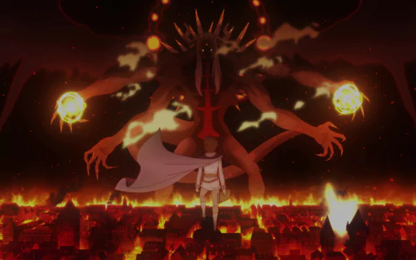 HD desktop wallpaper depicting a character from Black Clover standing before a towering, menacing dark figure with fiery surroundings.