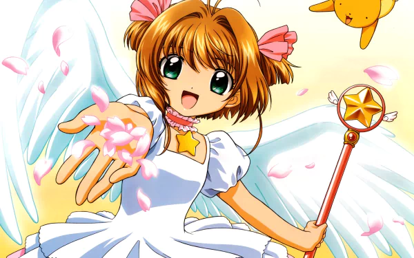 HD PC desktop wallpaper featuring Sakura Kinomoto and Keroberos from the anime Cardcaptor Sakura, with Sakura in a white dress surrounded by pink petals and magic.