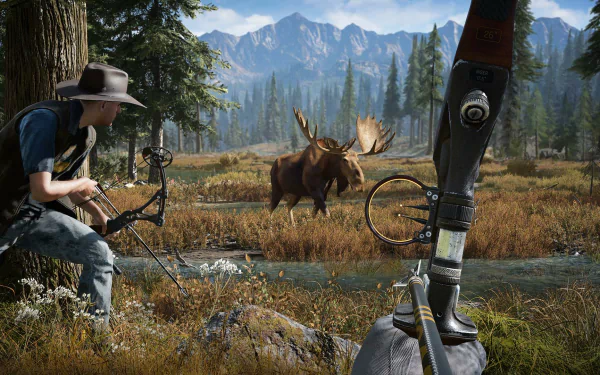HD desktop wallpaper featuring a Far Cry 5 scene with a character aiming a bow at a moose in a forest landscape.