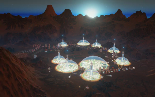 HD desktop wallpaper of Surviving Mars game, showing illuminated domes on Mars' surface against a twilight backdrop.