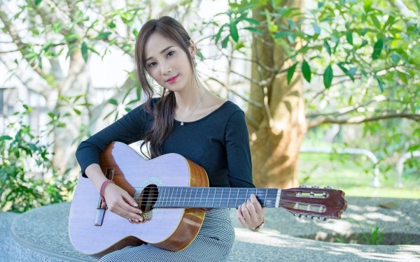 Women Asian Model Guitar Lipstick Brunette Depth Of Field HD Wallpaper | Background Image