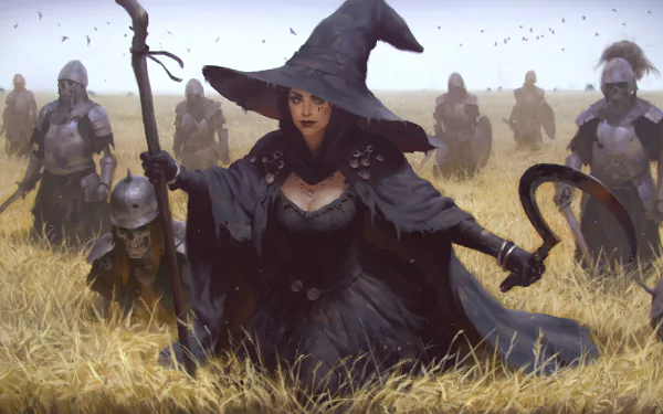 A necromancer in a witch hat stands in a field, dressed in dark armor, surrounded by undead soldiers. This HD desktop wallpaper captures a gritty, fantasy scene.