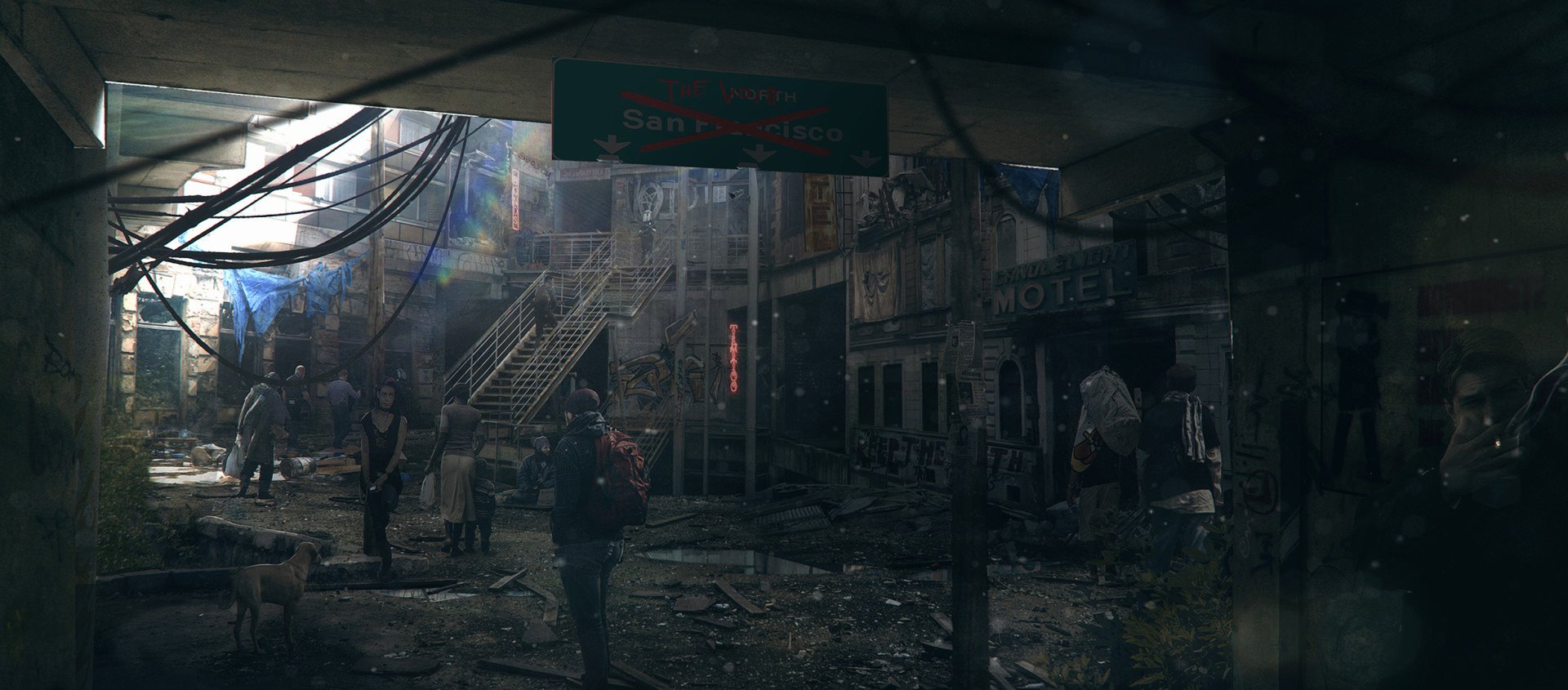 HD PC desktop wallpaper/background: sci‑fi post‑apocalyptic city street at dusk, crumbling buildings, scattered survivors, flickering neon and debris-strewn rubble.