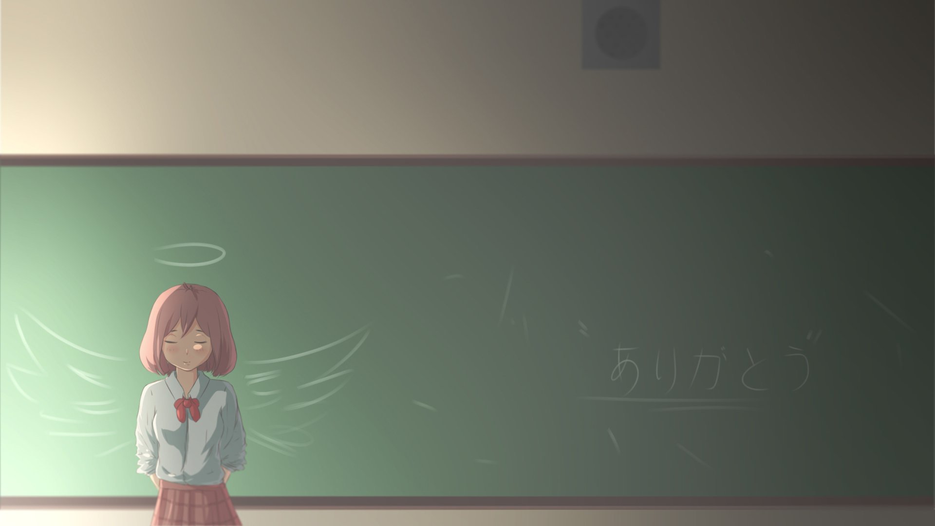 Anime original 2K Quad HD PC desktop wallpaper/background: pink‑haired schoolgirl in uniform with a halo and chalk‑drawn wings standing shyly before a green classroom chalkboard.