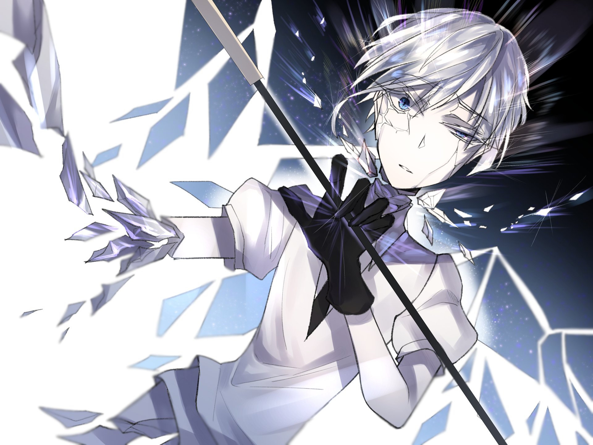 Antarcticite from Land of the Lustrous in anime style: silvery hair, crystalline shards and spear amid icy light — 4K Ultra HD PC desktop wallpaper/background.