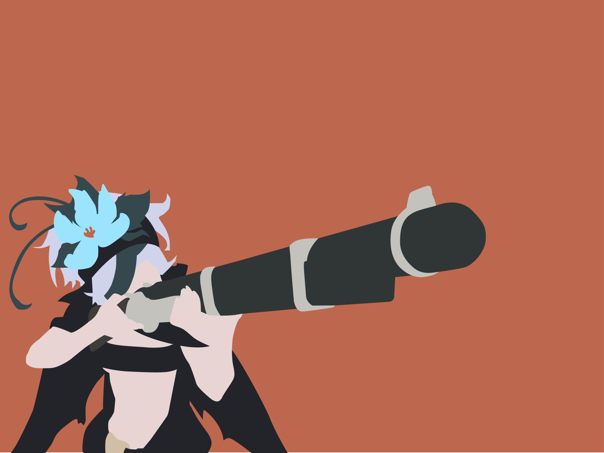 Minimalist 4K Ultra HD anime wallpaper featuring Fremy Speeddraw from Rokka: Braves of the Six Flowers aiming with her large rifle against a solid rust-colored background.
