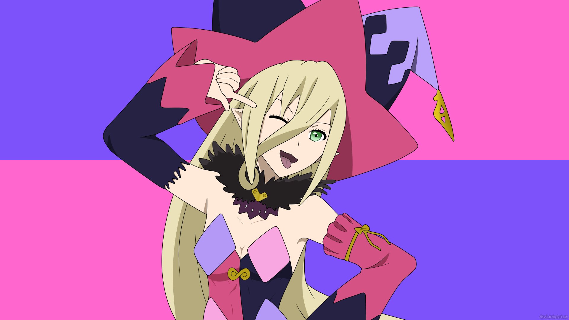 Magilou from Tales of Berseria poses playfully against a vibrant pink and purple background in this 4K Ultra HD PC desktop wallpaper.