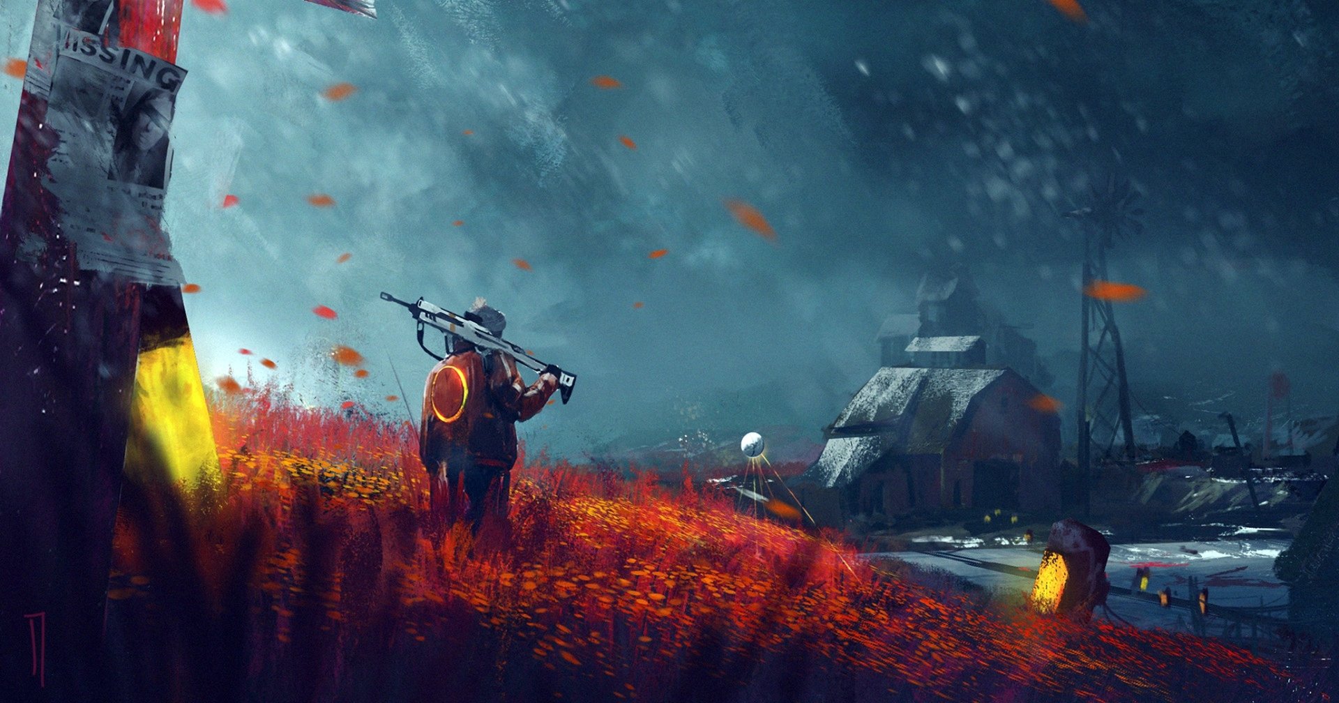 HD desktop wallpaper featuring a sci-fi, post-apocalyptic scene with a lone figure carrying a weapon, walking through a field of red flowers under a dark, stormy sky with abandoned buildings in the background.