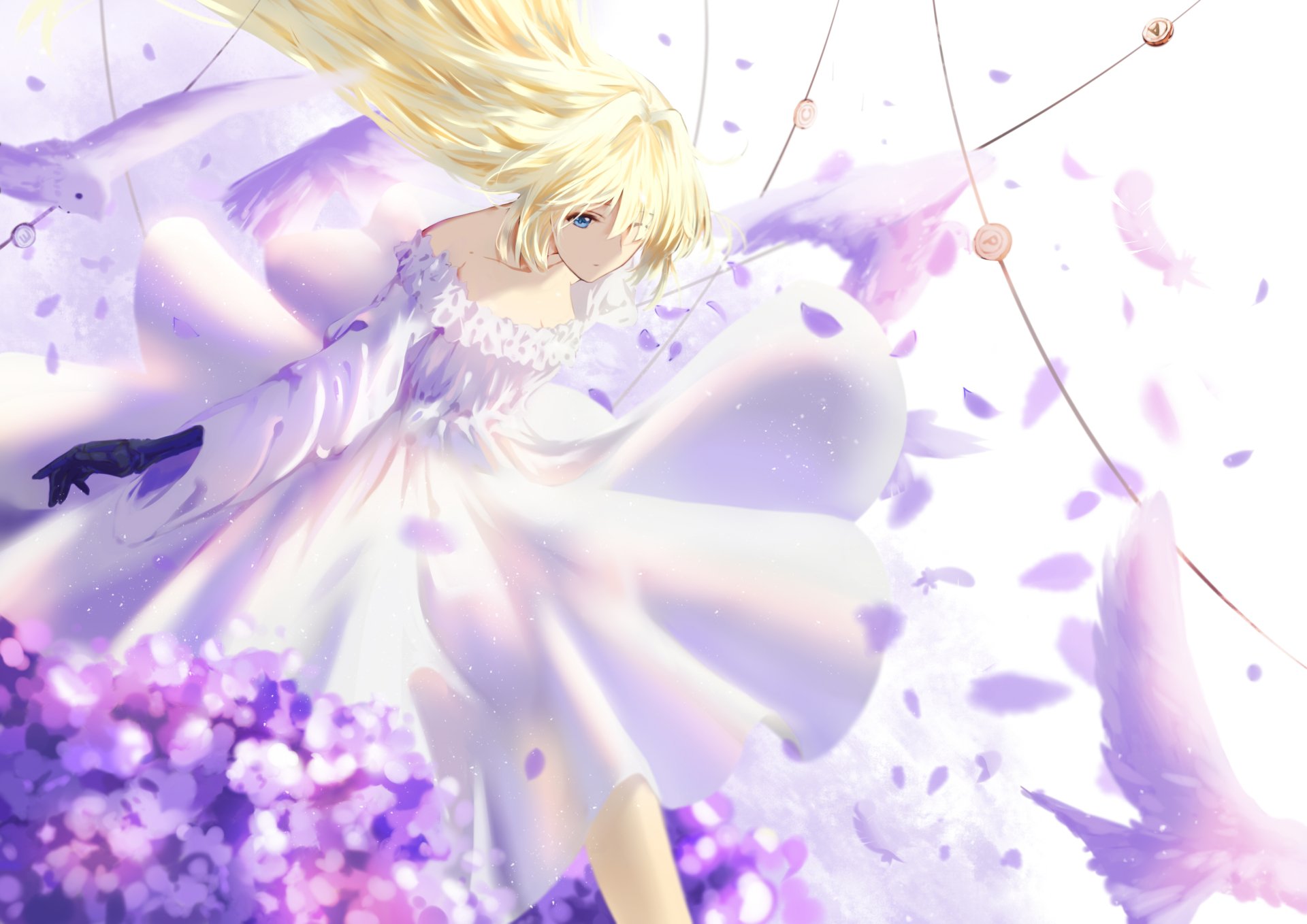 HD anime desktop wallpaper featuring Violet Evergarden in a flowing white dress surrounded by soft purple petals, capturing the delicate and ethereal essence of the character.