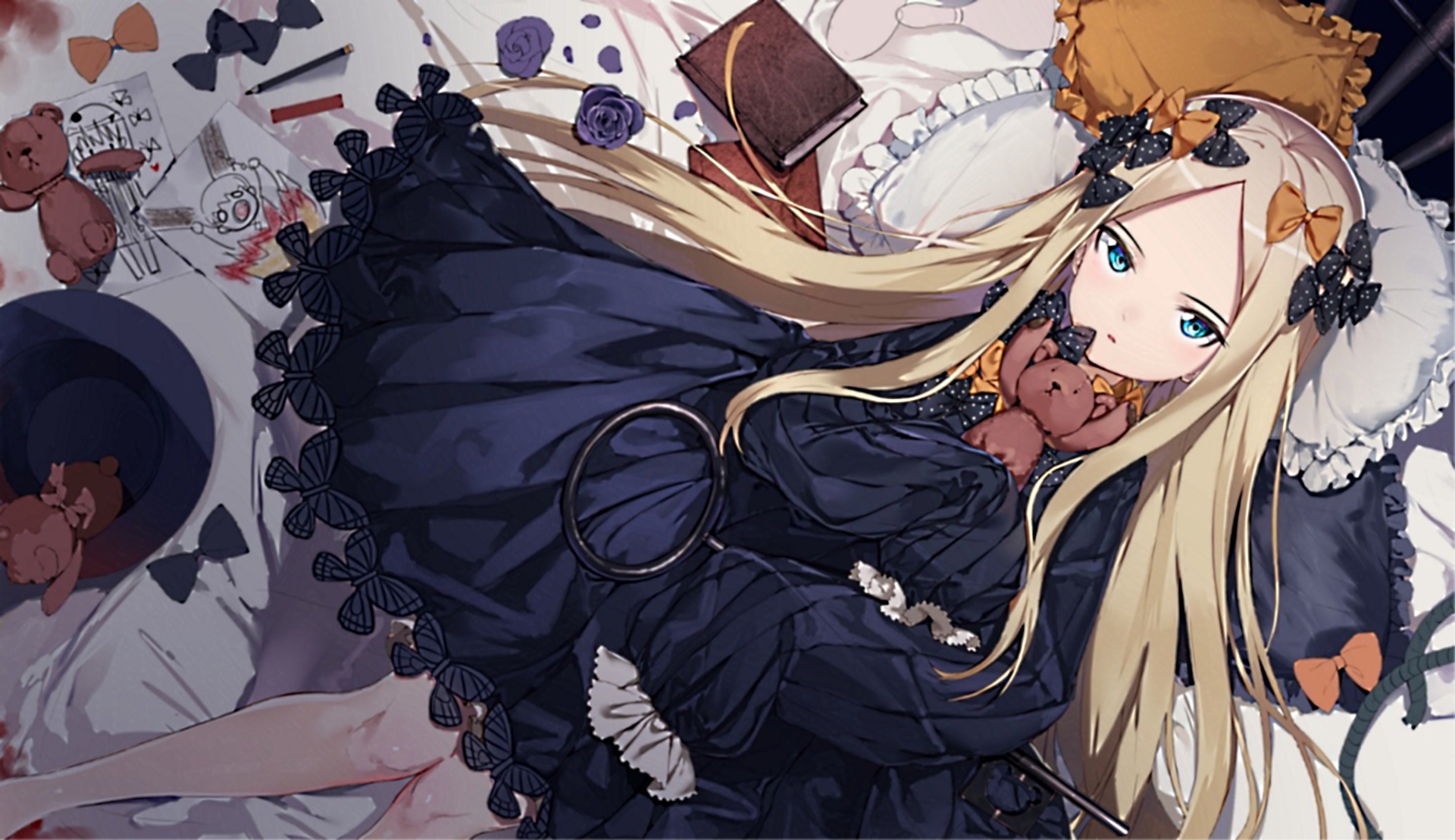 HD PC desktop wallpaper featuring Abigail Williams from Fate/Grand Order in detailed anime style, wearing a dark dress and surrounded by soft, decorative elements.