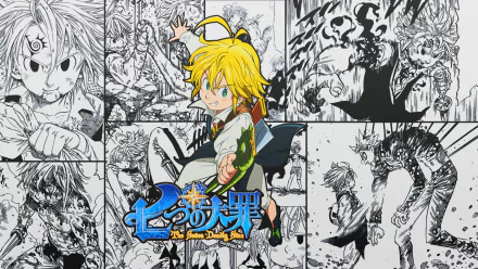 HD desktop wallpaper featuring Meliodas from The Seven Deadly Sins anime, with comic-style black and white illustrations in the background.