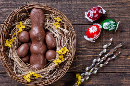 4K Ultra HD still life of a chocolate Easter bunny and eggs nestled in a rustic nest with yellow flowers, alongside painted eggs and pussy willow branches on a wooden background.