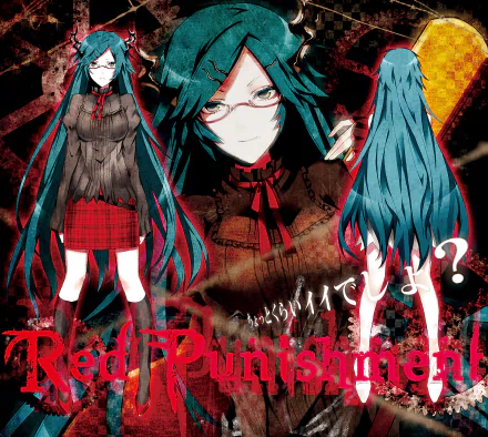 HD anime original desktop wallpaper: long green-haired girl with horns and glasses, wearing a red-and-black outfit with ribbon, set against a dramatic grunge background.