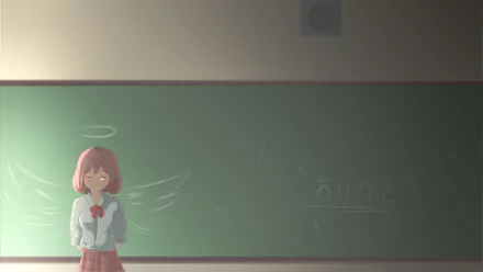 Anime original 2K Quad HD PC desktop wallpaper/background: pink‑haired schoolgirl in uniform with a halo and chalk‑drawn wings standing shyly before a green classroom chalkboard.