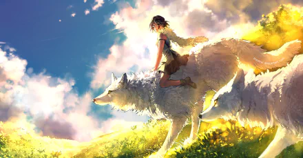 HD desktop wallpaper from Anime Princess Mononoke, featuring a character with short hair riding a large white wolf, set against a bright, scenic background with vibrant clouds and sunlight.