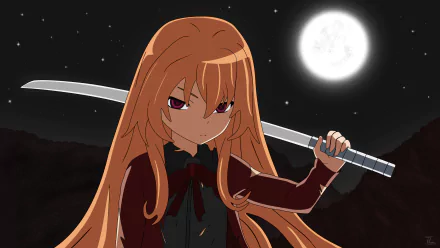 HD desktop wallpaper featuring Taiga Aisaka from the anime Toradora! holding a katana under the moonlit night.