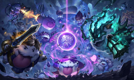 HD wallpaper featuring League of Legends characters Vi, Zed, Ahri, Ziggs, Draven, Jinx, Rammus, Garen, Thresh, and cute poros in a vibrant, action-packed scene.