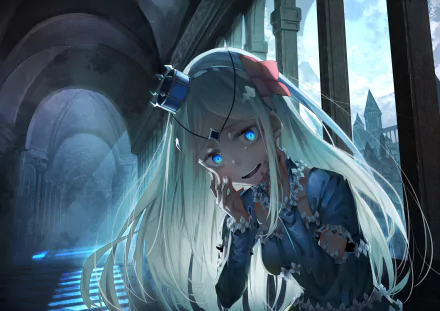 HD desktop wallpaper featuring Renner Theiere Chardelon Ryle Vaiself from the anime Overlord, set in an eerie, dimly lit corridor with intricate architectural details in the background.