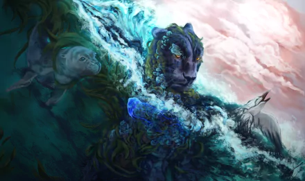 A vibrant HD fantasy desktop wallpaper depicting a mystical tiger emerging from water, surrounded by a seal and a bird, blending animal forms with surreal aquatic elements.