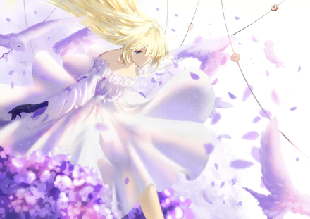 HD anime desktop wallpaper featuring Violet Evergarden in a flowing white dress surrounded by soft purple petals, capturing the delicate and ethereal essence of the character.