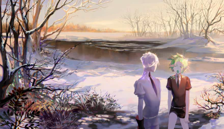 Phosphophyllite and Antarcticite from Land of the Lustrous stand together by a snowy, serene winter landscape in this HD anime wallpaper background.