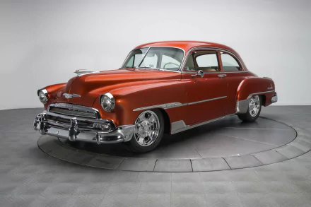 A vibrant red Chevrolet DeLuxe vintage vehicle showcased as a HD PC desktop wallpaper and background with a clean, neutral backdrop.