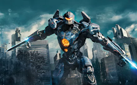 HD desktop wallpaper featuring a giant robot from the movie Pacific Rim: Uprising standing amidst a cityscape with a moody sky in the background.