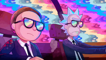 An HD desktop wallpaper featuring Morty Smith and Rick Sanchez from the TV show Rick and Morty, driving with sunglasses against a psychedelic background inspired by Run the Jewels.